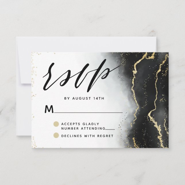Ethereal Mist Ombre Black Watercolor Moody Wedding RSVP Card (Front)