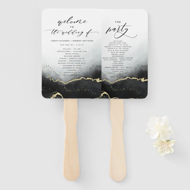 Ethereal Mist Ombre Black Wedding Ceremony Program Hand Fan (Front and Back)
