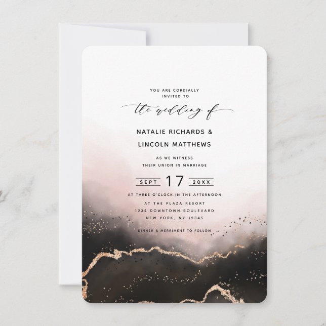 Ethereal Mist Ombre Blush Pink Foil Script Wedding Invitation (Front)