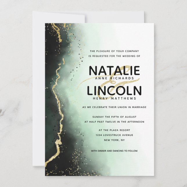 Ethereal Mist Ombre Green Gold Foil Modern Wedding Invitation (Front)
