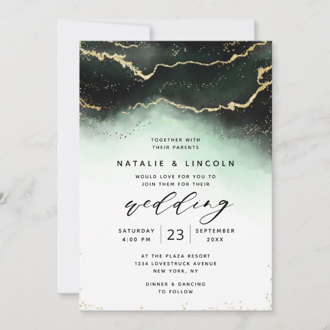 Ethereal Mist Ombre Green Watercolor Moody Wedding Invitation (Front)