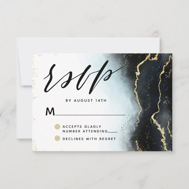 Ethereal Mist Ombre Navy Blue Edgy Moody Wedding RSVP Card (Front)