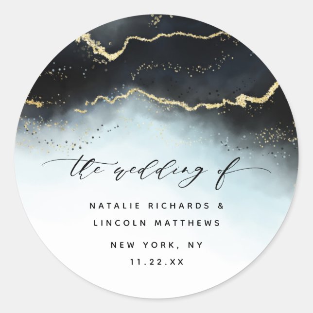 Ethereal Mist Ombre Navy Blue Moody Aurora Wedding Classic Round Sticker (Front)