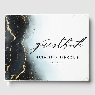 Ethereal Mist Ombre Navy Blue Moody Gilded Wedding Guest Book