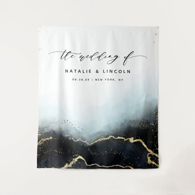 Ethereal Mist Ombre Navy Blue Photo Booth Backdrop Tapestry (Front)