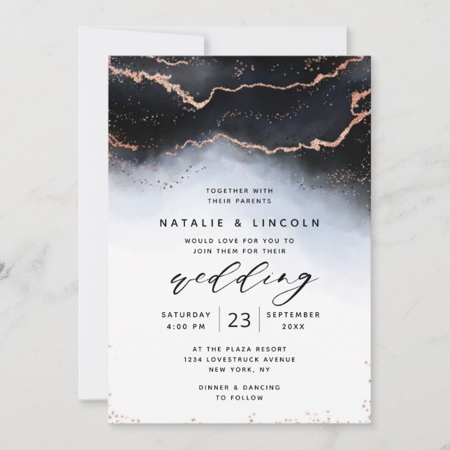 Ethereal Mist Ombre Navy Watercolor Moody Wedding Invitation (Front)