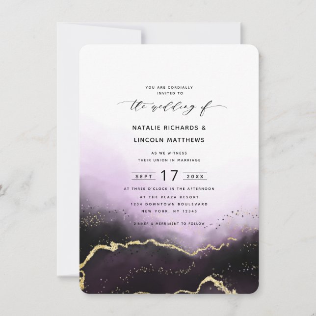 Ethereal Mist Ombre Purple Gold Trendy Wedding Invitation (Front)