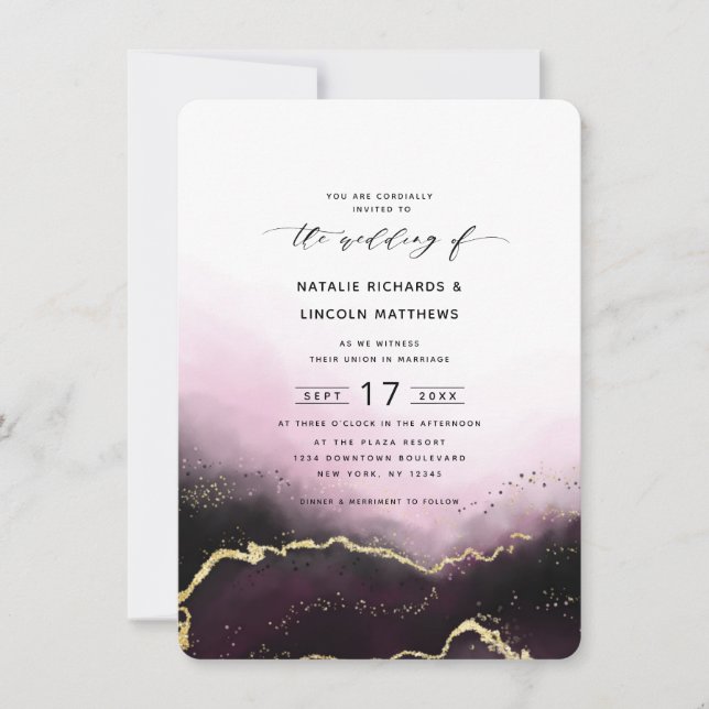 Ethereal Mist Ombre Wine Gold Foil Script Wedding Invitation (Front)