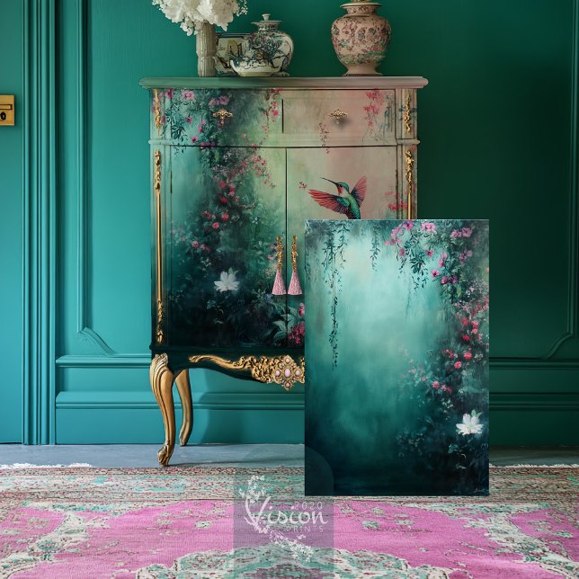 Ethereal Misty Hanging Floral Garden Tissue Paper ( Ethereal Floral Hanging Garden Teal & Pink Decoupage Tissue Paper.)