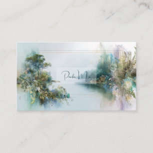 Ethereal Misty River Gold Frame Serene Landscape Business Card