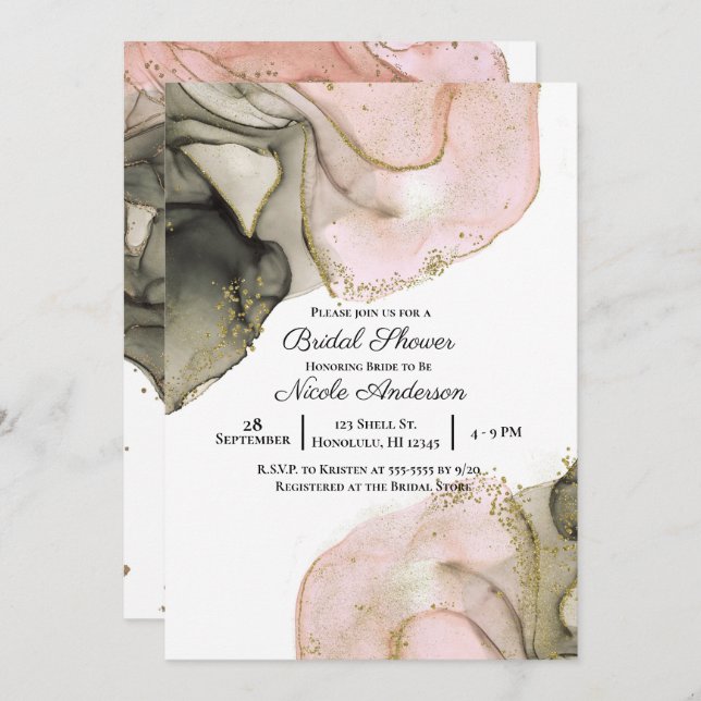 Ethereal Moody Pink Black Gold Inky Bridal Shower Invitation (Front/Back)