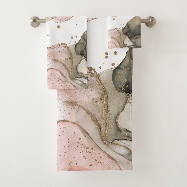 Ethereal Moody Pink Black Gold Inky Fantasy Glam Bath Towel Set (Insitu)