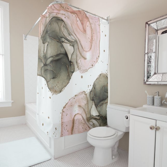 Ethereal Moody Pink Black Gold Inky Fantasy Glam Shower Curtain (In Situ)
