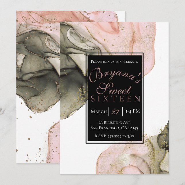 Ethereal Moody Pink Black Gold Inky Glam Sweet 16 Invitation (Front/Back)