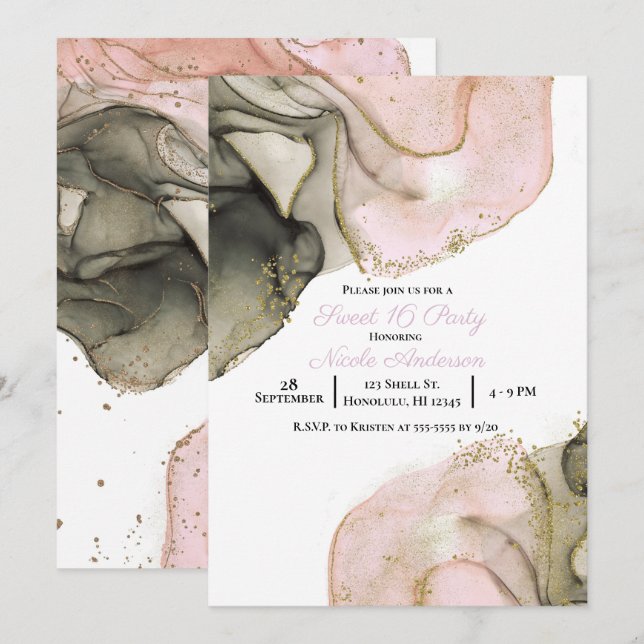 Ethereal Moody Pink Black Gold Inky Sweet 16 Invitation (Front/Back)