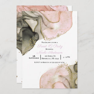 Ethereal Moody Pink Black Gold Inky Sweet 16 Invitation