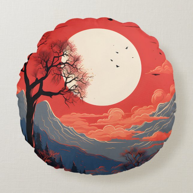 Ethereal Moon In A Red Sky Over The Mountains Round Cushion (Front)