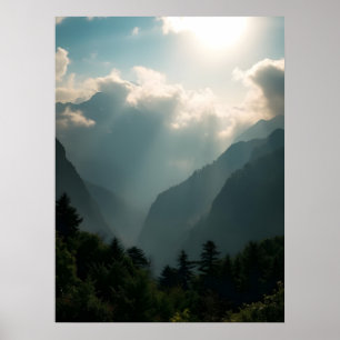 Ethereal Mountain Mist and Sunbeams Nature Poster