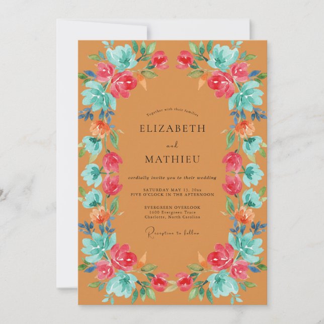 Ethereal Mustard Turquoise Painted Wedding Invitation (Front)