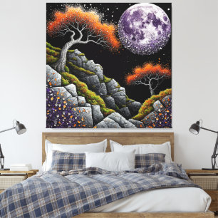 Ethereal Night Scene with Moon, Trees Canvas Print