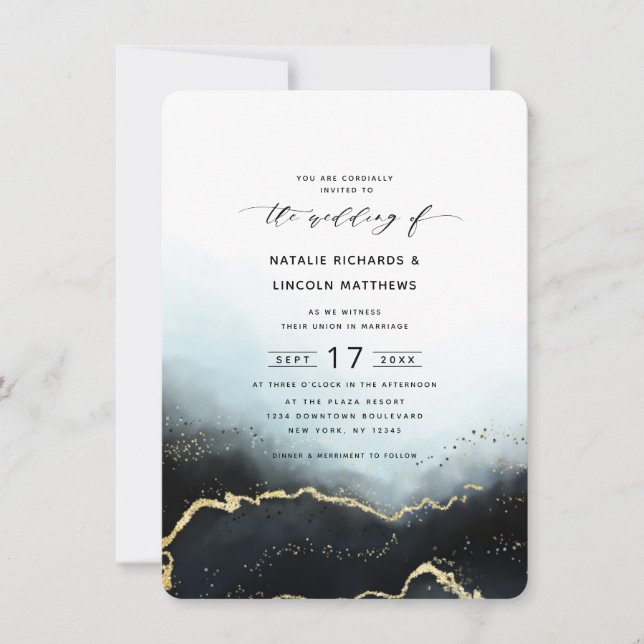 Ethereal Ombre Navy Blue Gold Foil Script Wedding Invitation (Front)