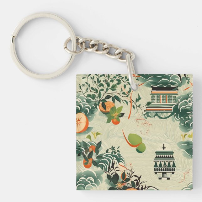 Ethereal orange pattern with Zen temples Key Ring (Front)