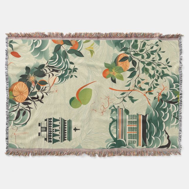 Ethereal orange pattern with Zen temples Throw Blanket (Front)
