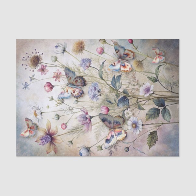 Ethereal Pastel Botanical Flower & Butterflies Tissue Paper (Front)