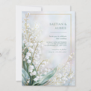 Ethereal Pastel Lily Valley Gold Frame Wedding Invitation
