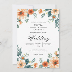 Ethereal Peach Floral Border Wedding Invitation