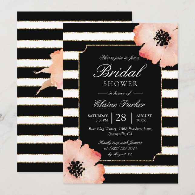Ethereal Peach Magnolia Stripe Wedding Black White Invitation (Front/Back)