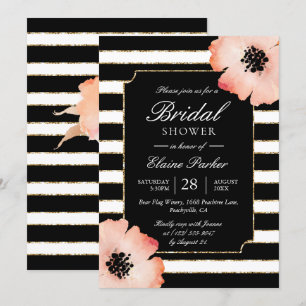 Ethereal Peach Magnolia Stripe Wedding Black White Invitation