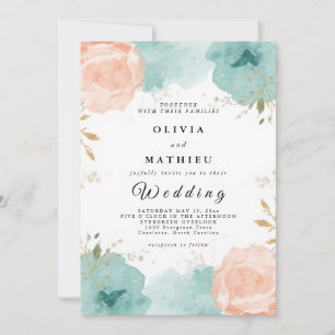 Ethereal Peach Teal Bloom Wedding Invitation