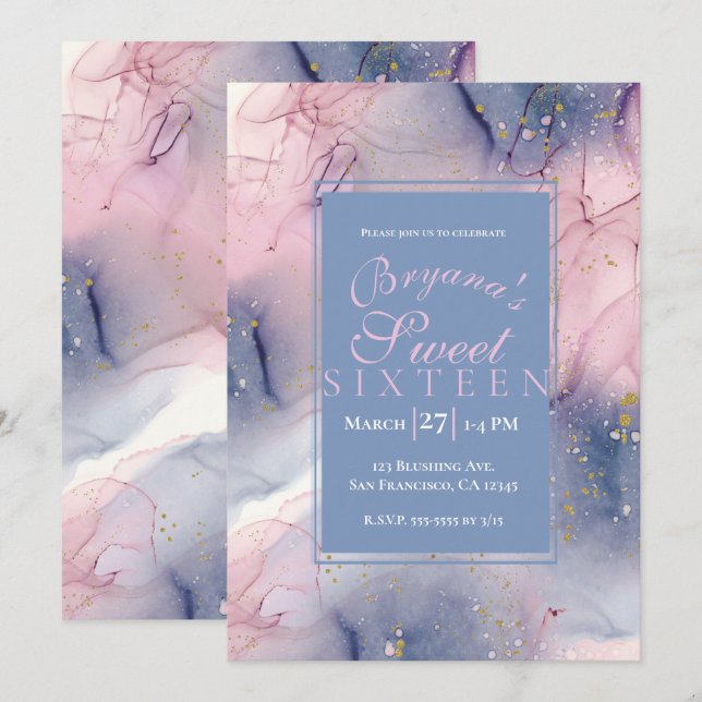 Ethereal Periwinkle Pink Gold Ink Fantasy Sweet 16 Invitation (Front/Back)