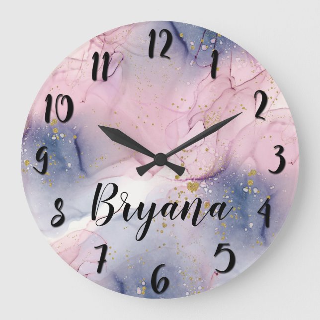 Ethereal Periwinkle Pink & Gold Inky Fantasy Glam Large Clock (Front)