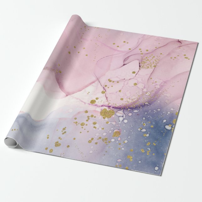 Ethereal Periwinkle Pink & Gold Inky Fantasy Party Wrapping Paper (Unrolled)