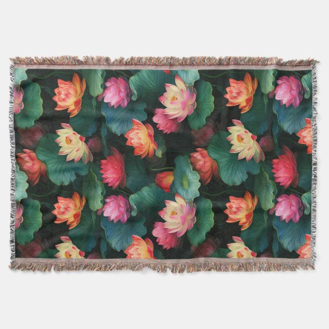 Ethereal Pink Lotus Flowers, Art Nouveau Inspired Throw Blanket (Front)