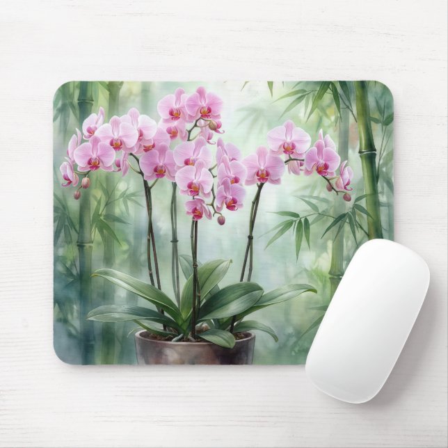 Ethereal Pink Orchids and Bamboo Mouse Mat (With Mouse)