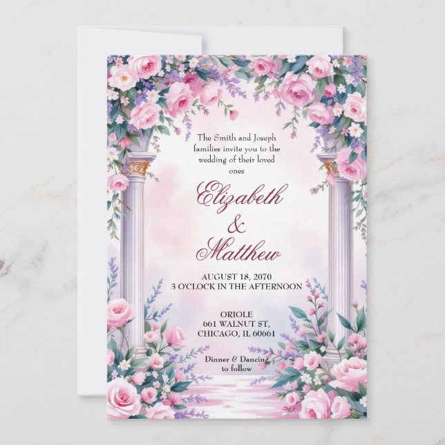 Ethereal Pink Rose Column Wedding Invitation (Front)