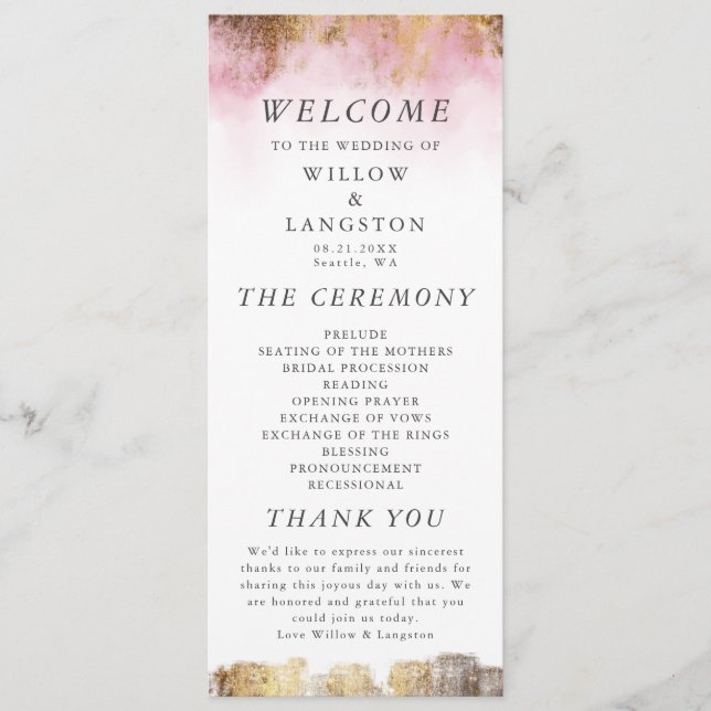 Ethereal Pink Watercolor and Gold Wedding Ceremony Programme (Front)
