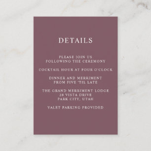 Ethereal Pink  WEDDING Hotel details Accommodation Enclosure Card