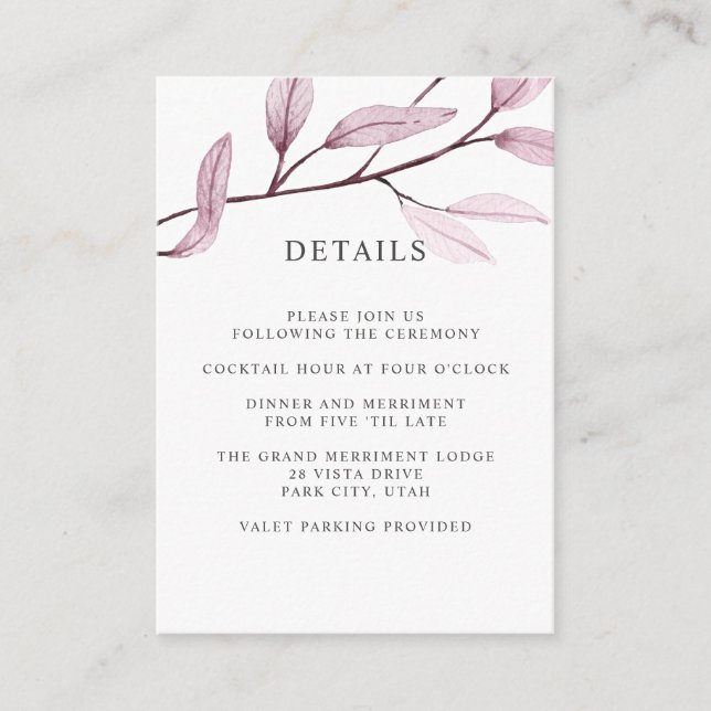 Ethereal Pink WEDDING Hotel details Accommodation Enclosure Card (Front)