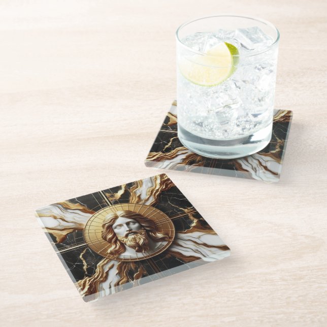 Ethereal Presence Face of Jesus Carved in Marble Glass Coaster (Angled)