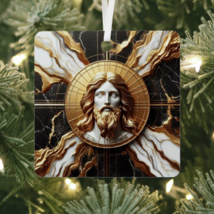 Ethereal Presence Face of Jesus Carved in Marble Metal Tree Decoration