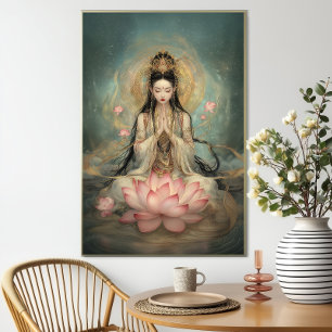 Ethereal Quan Yin: Buddhist Goddess Lotus Prayer Poster