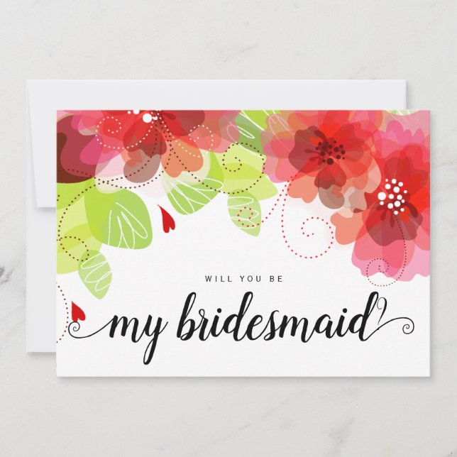 Ethereal red flowers will you be my bridesmaid invitation (Front)