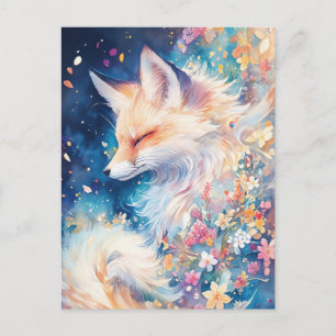 Ethereal Red Fox in Blue Floral Night Postcard