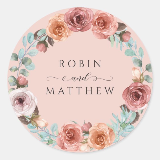 Ethereal Rose Gold, Blush Peach Floral Wedding Classic Round Sticker (Front)