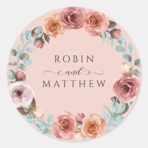 Ethereal Rose Gold, Blush Peach Floral Wedding Classic Round Sticker