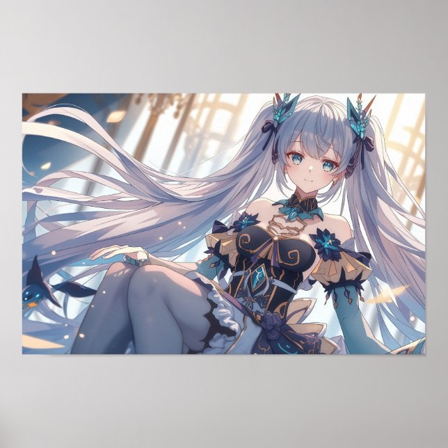 Ethereal Silver-Haired Anime Princess Fantasy Illu Poster (Front)
